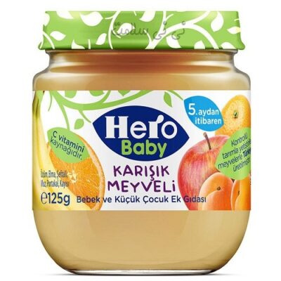 پوره میوه پرتقال،موز،سیب و زردآلو هرو بی بی hero baby